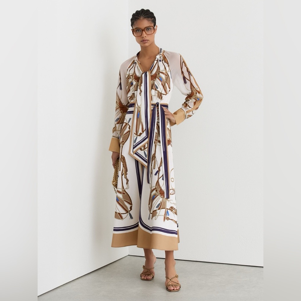 NWT REISS Ellie Foulard-Print Tie-Neck Midi Dress in Ivory/Neutral